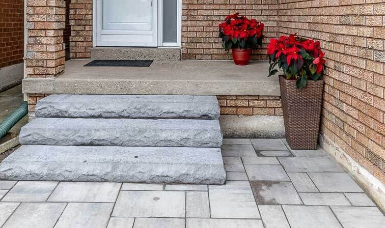 Lifestyle Construction A brick house entrance with three concrete steps leading to a door. Potted plants with red flowers are placed on either side of the entrance, showcasing the impeccable touch of Toronto Renovation expertise. Home Renovation In The GTA