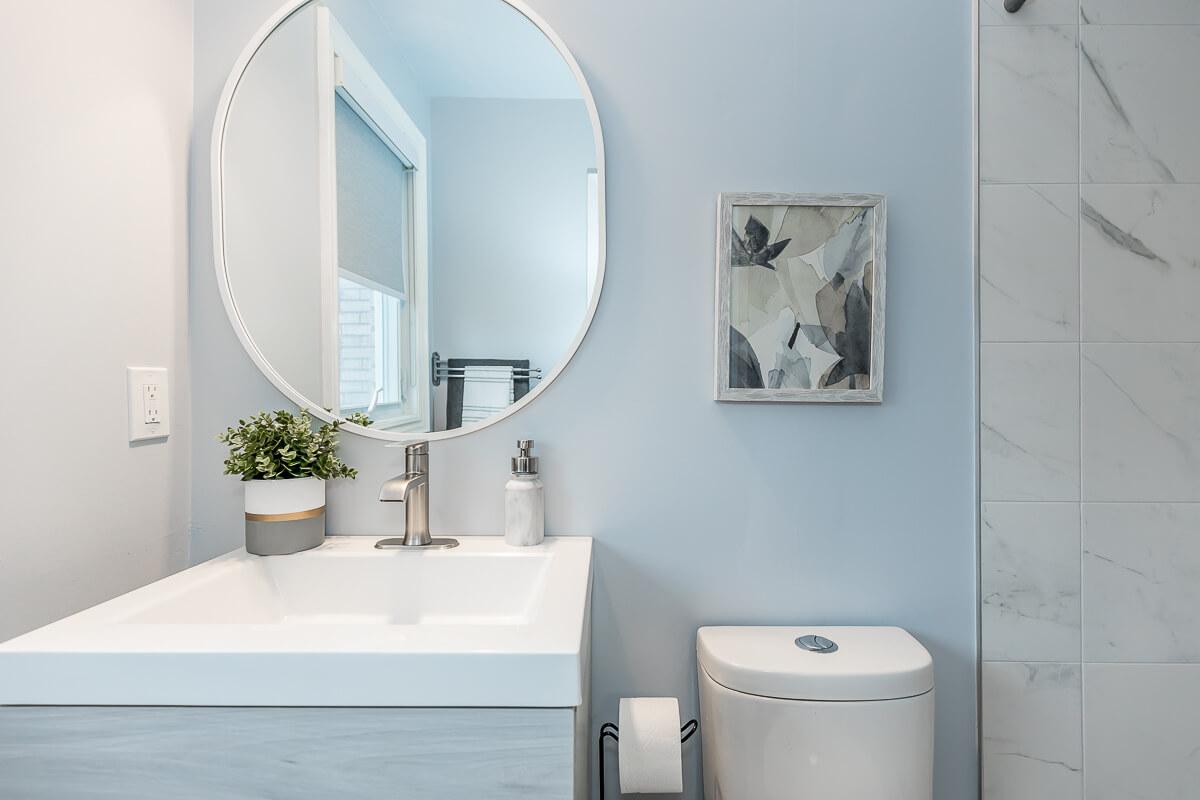 Lifestyle Construction A modern bathroom, crafted by Toronto Renovation, boasts a round mirror above a white vanity with a plant, soap dispenser, and sink. Beside the vanity is a toilet with a mounted toilet paper holder and framed abstract art enhancing the space. Home Renovation In The GTA